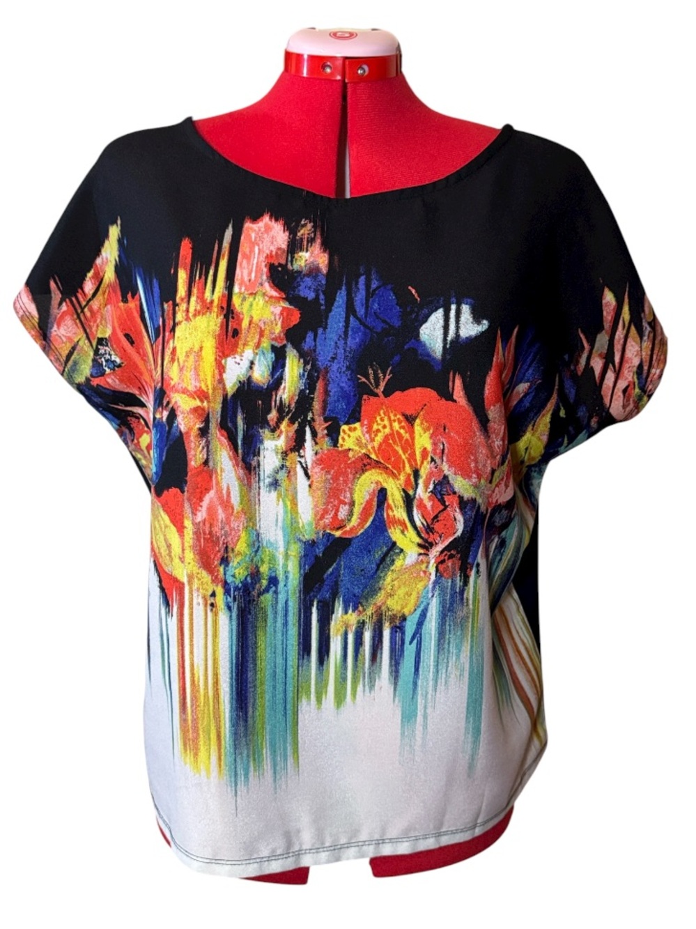 2/$18 Cleo Abstract Silk Like Dolman Sleeve Boxy Top Size Large